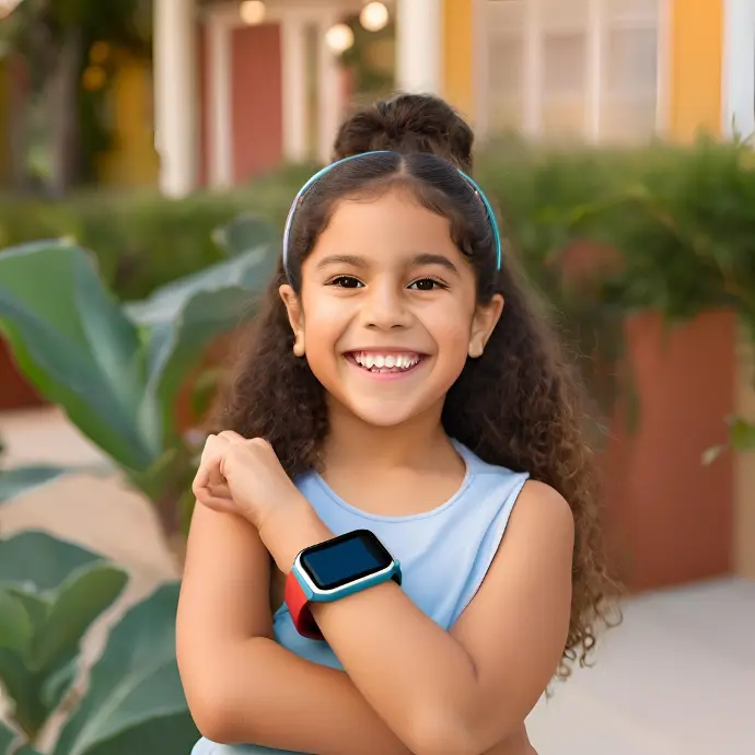 Litte girl smiling while wearing smartwatch