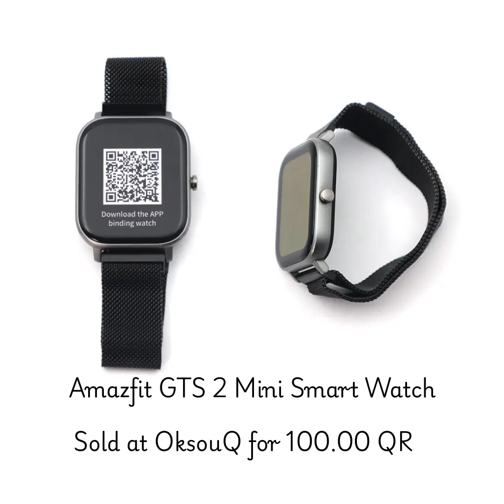 Smart Watches at a Low Price in Qatar Amfit GTS2 Mini smartwatch shown, emphasizing low price smartwatch options in Qatar