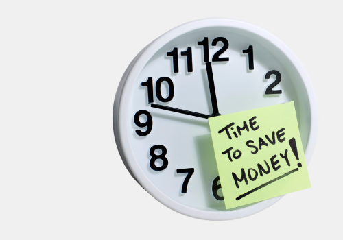 Clock with sticker saying time to save money - Online shopping