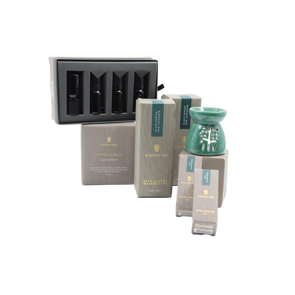 Ceramic oil Burner + Black Pepper Seed and Lavender Bath Oil ( 100ML ) +Thai Chamanard Aromachology Oil +Experiential Essential Oil Kit  7 Pcs