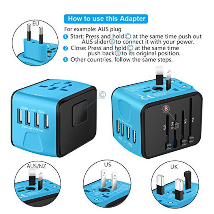 SAUNORCH Universal International Travel Power Adapter W/Smart High Speed 2.4A 4xUSB Wall Charger, European Adapter, Worldwide AC Outlet Plugs Adapters for Europe, UK, US, AU, Asia-Blue