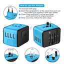 SAUNORCH Universal International Travel Power Adapter W/Smart High Speed 2.4A 4xUSB Wall Charger, European Adapter, Worldwide AC Outlet Plugs Adapters for Europe, UK, US, AU, Asia-Blue