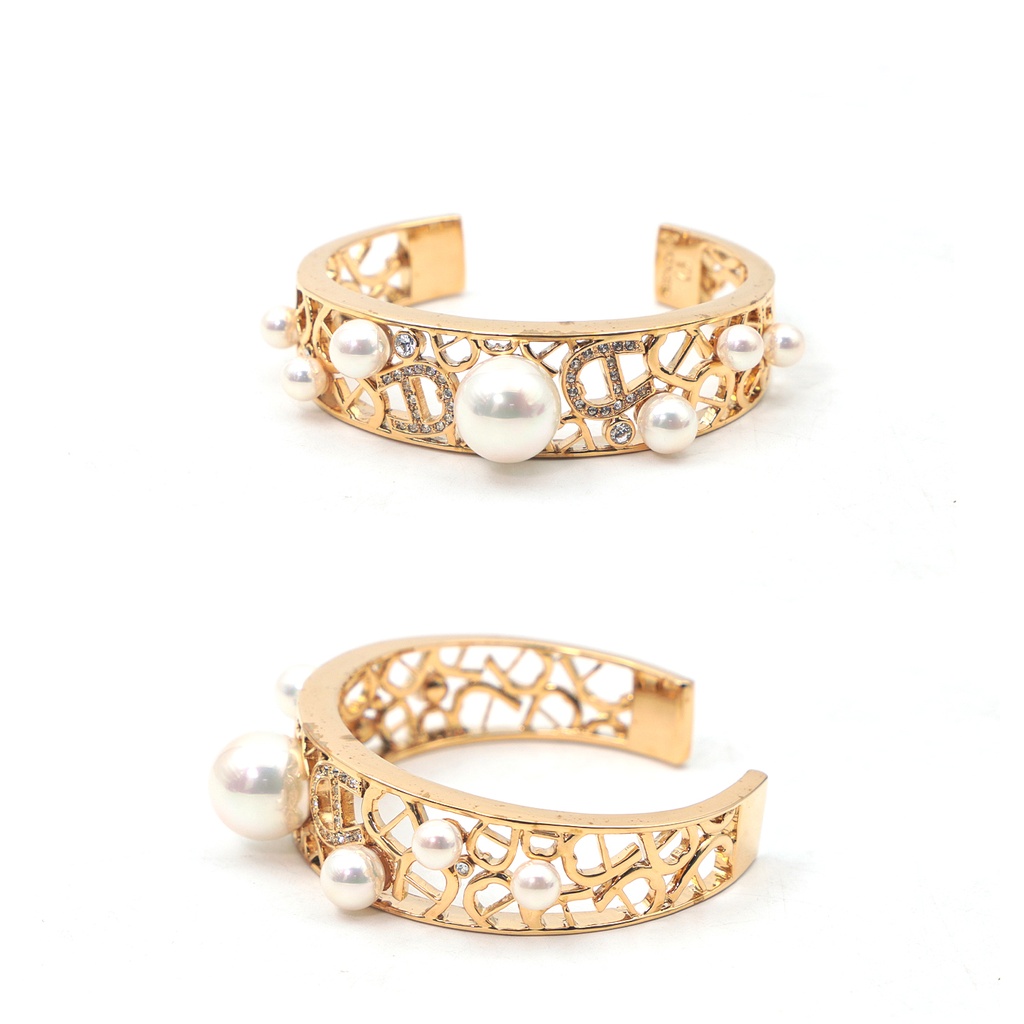 Aigner Crystal Faux Pearl Gold Tone Open Cuff  Bracelet