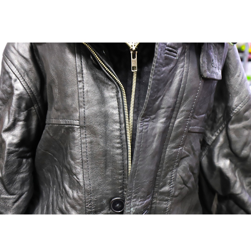 Real Leather Jackets Black Long Sleeve Multi Pocket Mid Length Geniune Leather Coat Size: XL