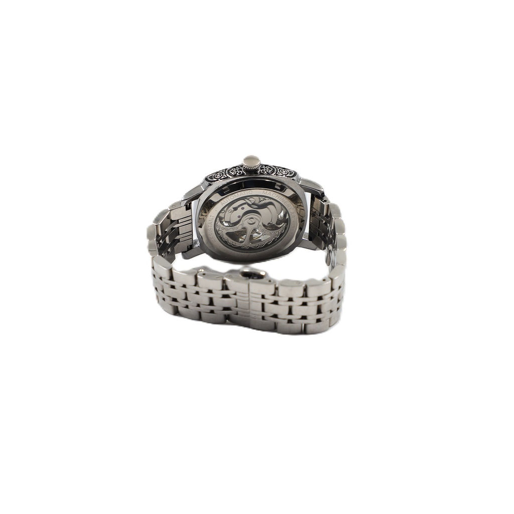 Automatic Luxury Stainless Steel Skeleton Silver Gold Retro Carved Mens Watch