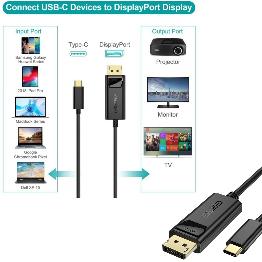 Choetech Power to the Best USB C To DisplayPort Adapter  1.8 m 4k 60 hz 24 k