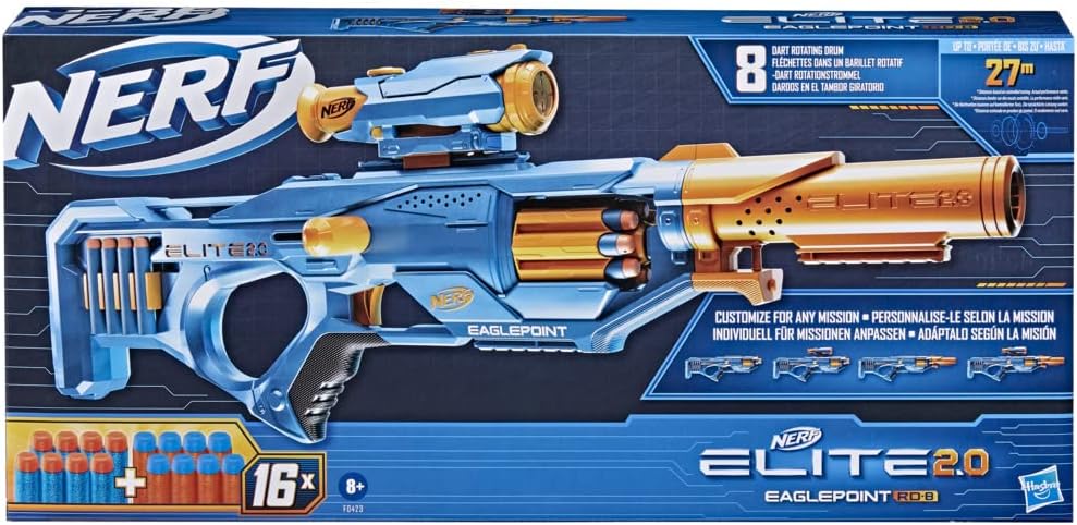 Nerf Elite 2.0 Eaglepoint RD-8 Blaster - 8-Dart Drum, Detachable Scope and Barrel, 16 Nerf Darts, Bolt Action