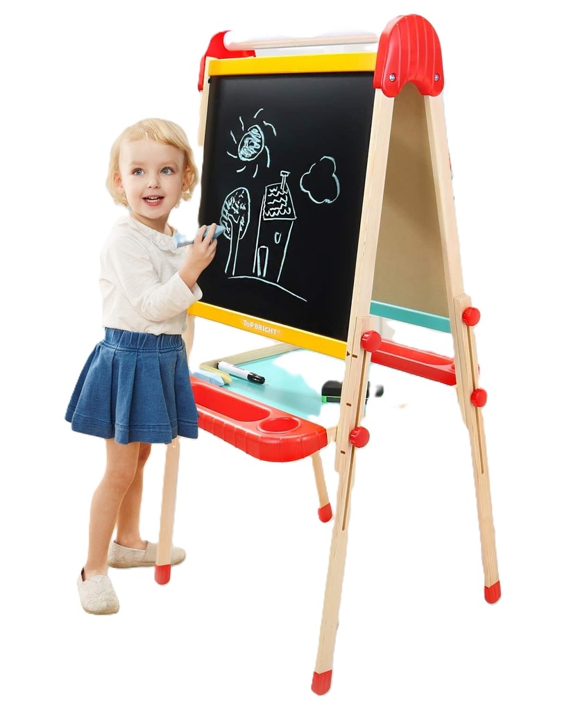Top Bright Wooden Art Easel for Kids, Toddler Easel Adjustable with Painting Whiteboard, Child Easel