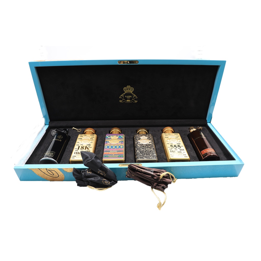 Aljazeera Perfumes Balack aoud + 18k Gold Perfumes+ Magic +Galaxy +555 gold +Boise Fruitr Eau De Perfumes 6 Pcs