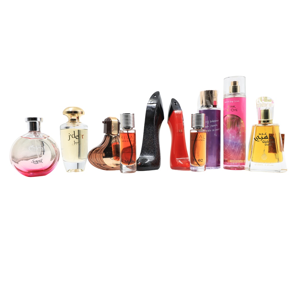 Mix Used Woman Perfume& Hair Mist, J Dore, CH, Golden Oud, Synergy Pour Femme , ChiChi, Victoria Secret, Pink Dye