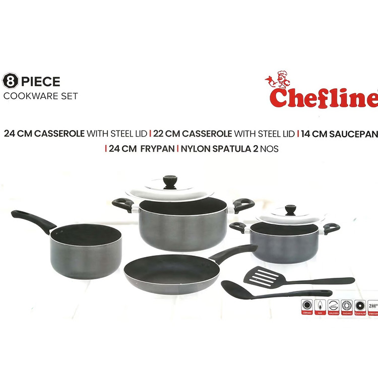 Cheflone 8 Piece Cookware Set 24 Cm Casserole With Steel Lid . 22 Cm Casserole With Steel Lid - 14 CM Saucepan - 24 CM Frypan - Nylon Spatula 2 NOS