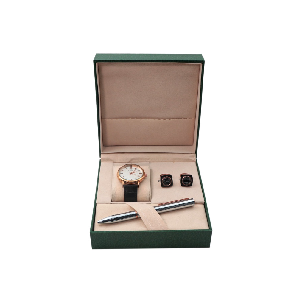 Beautiful Watch Gift Set, Cufflinks + Pen * Copper Color Diamon Deor