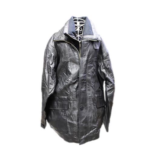 Real Leather Jackets Black Long Sleeve Multi Pocket Mid Length Geniune Leather Coat Size: M
