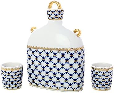 Lomonosov Imperial Porcelain Cobalt Net Tableware Teaware Collection (Vodka Decanter + Shots)