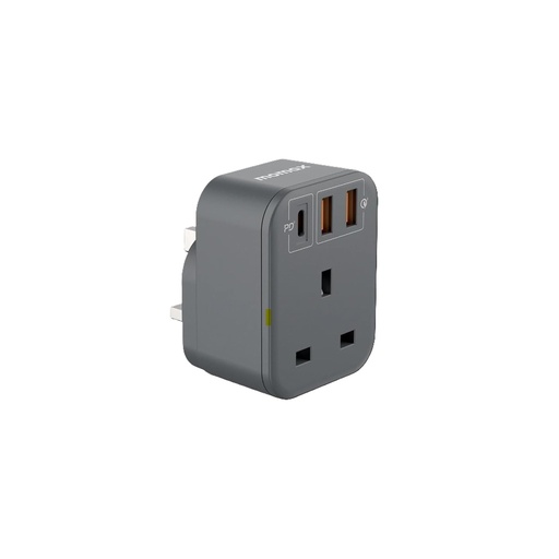 Momax Oneplug 1 Outlet Extension Socket with USB Fast Charging And Multi Ported 2 USB A and 1 USB C (US10UK) Black