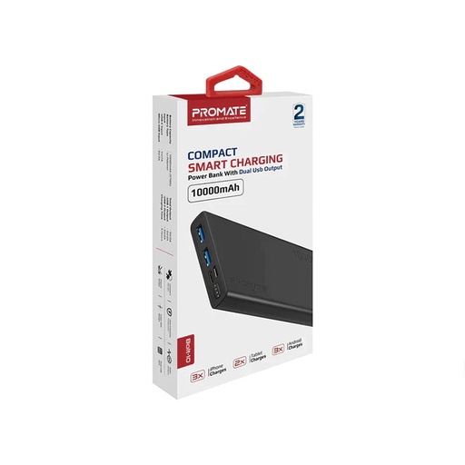 Promate Compact Smart Charging Power Bank With Dual Usb Output 10000 mAh