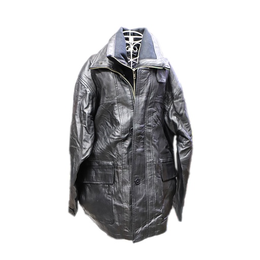 Real Leather Jackets Black Long Sleeve Multi Pocket Mid Length Geniune Leather Coat Size: L