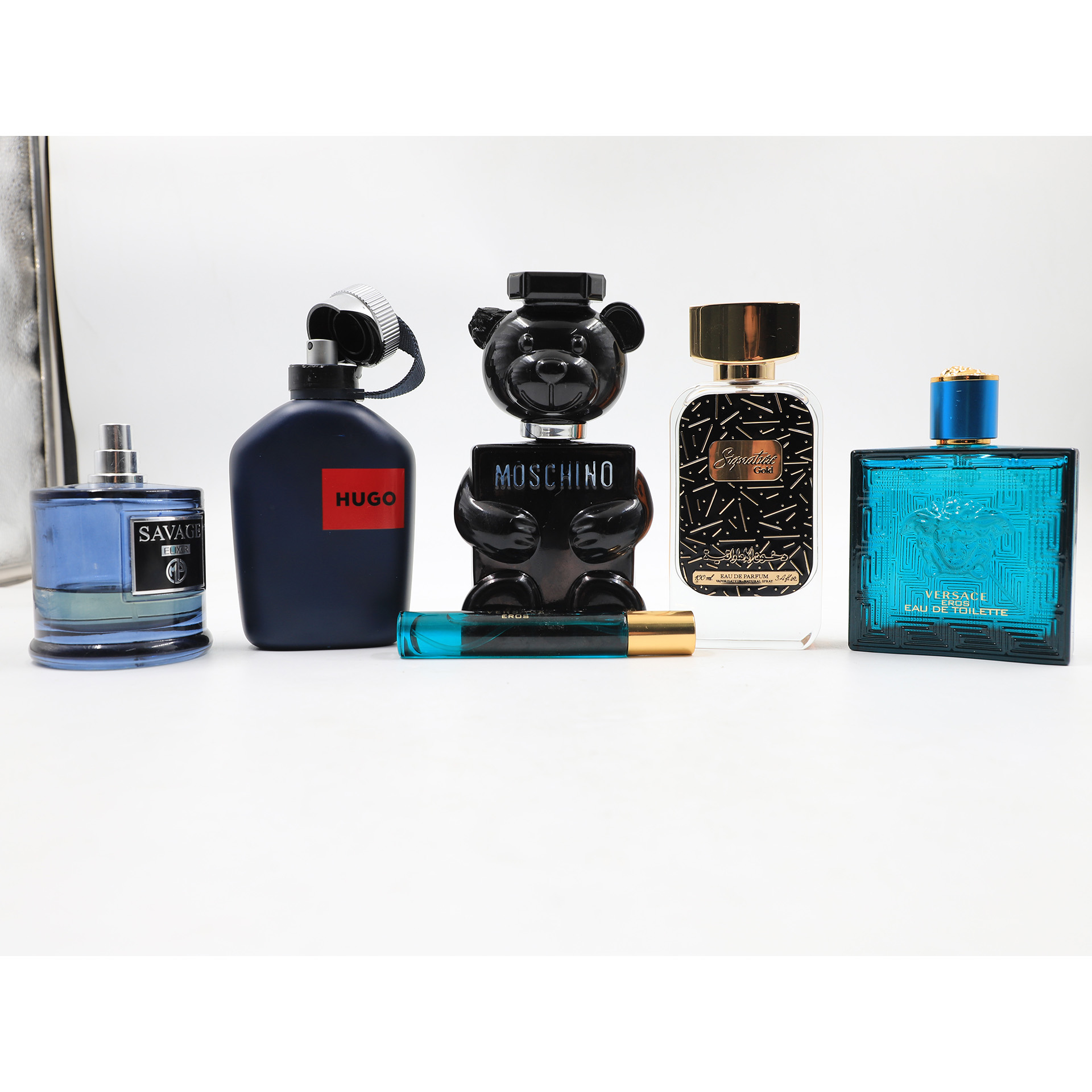 Auction For Mix Used Perfume Set, Sauvage Dior Elixir, Mocchino, Hugo,Versace, Signature Gold