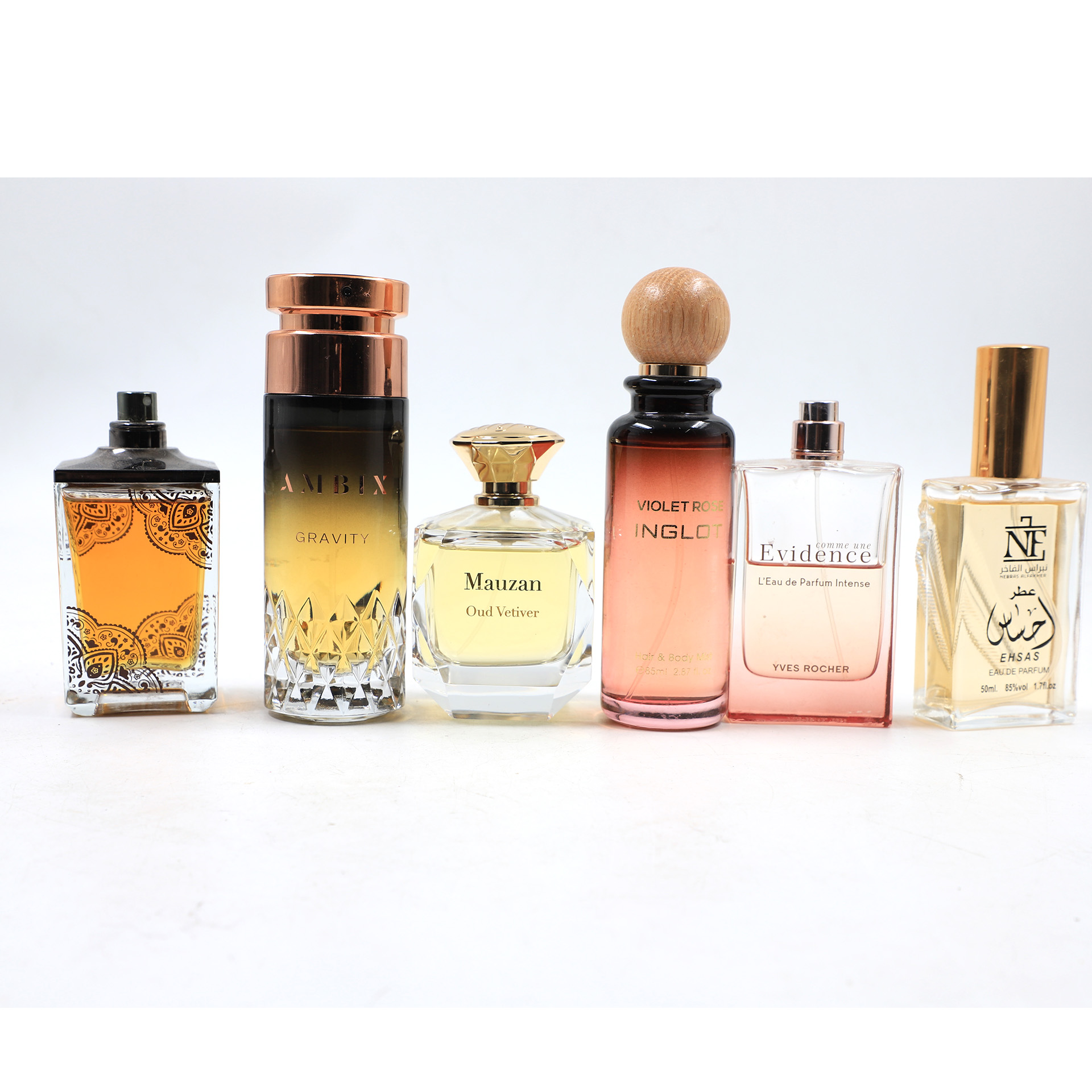Auction For Mix Fragrance Used Perfume Set Ambix Gravity, Shaqra, Mauzan Oud Vetiver, Ehsas, Evidance,Violet Rose
